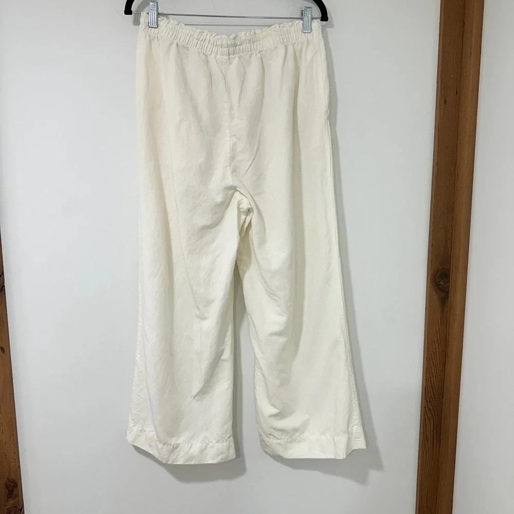 H&M Linen Blend Wide Leg Pants Womens M White Drawstring Elastic Waist Pockets